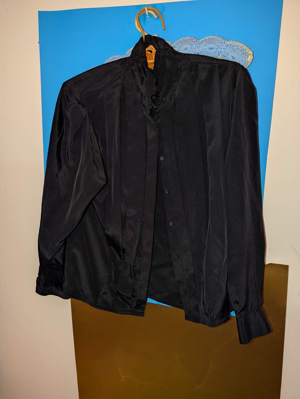 Women's Black Button-Up Blouse with Pleated Front